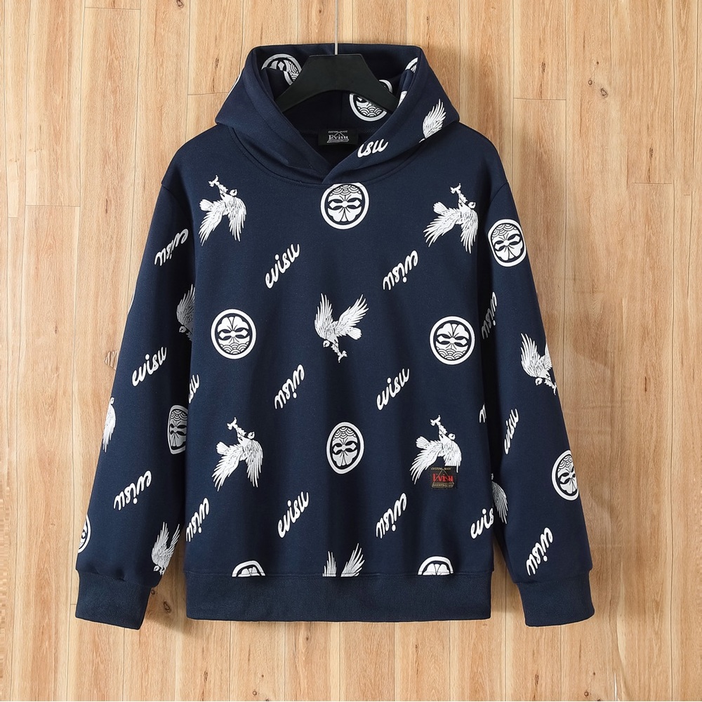 Evisu Navy Hoodie with White Crane & Logo Print